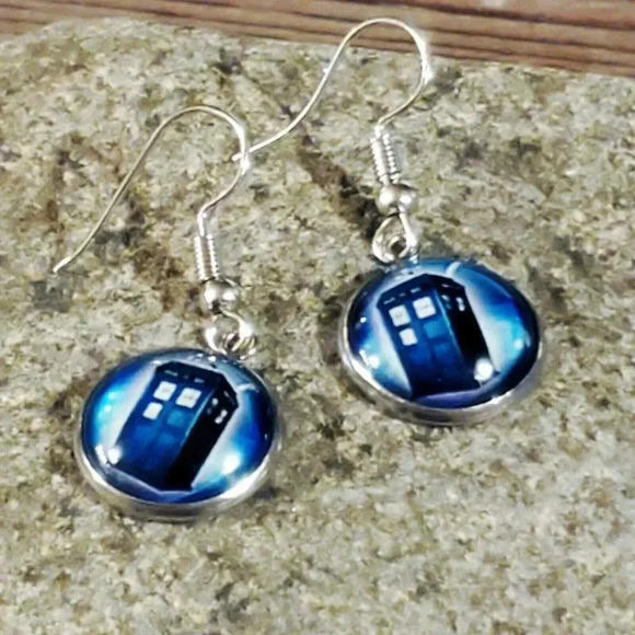 Handcrafted Police Box in Space Blue Silver Glass Earrings - Picture 4 of 6